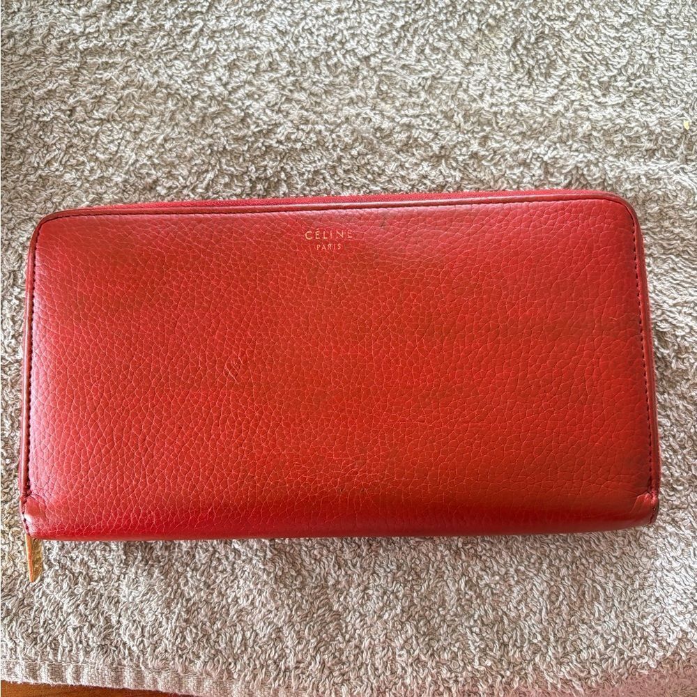 CELINE Red Pebbled Leather Zip-Around Wallet – Made in France